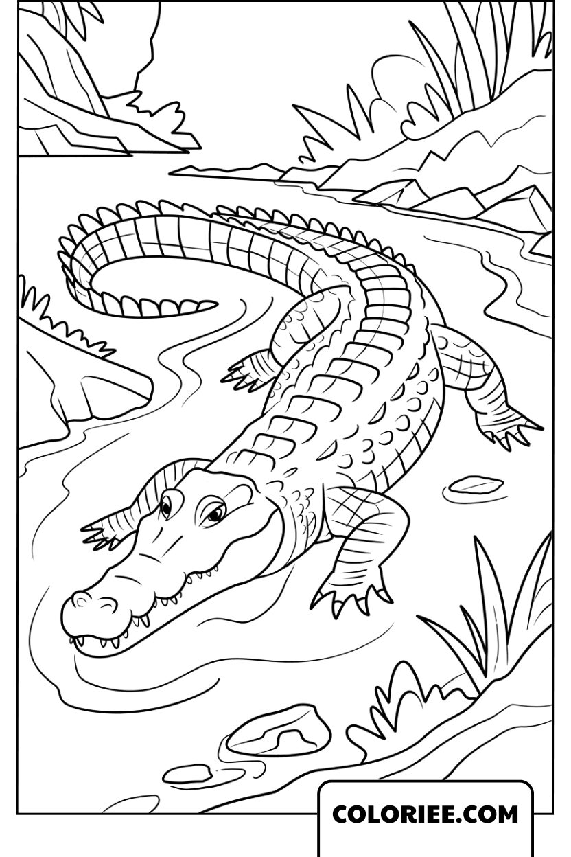 Coloriage crocodile nageant dans le marais