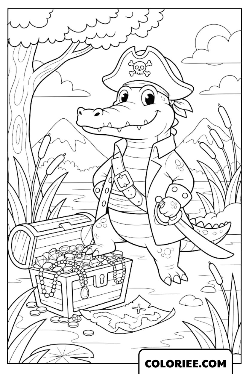 Coloriage crocodile pirate aventurier