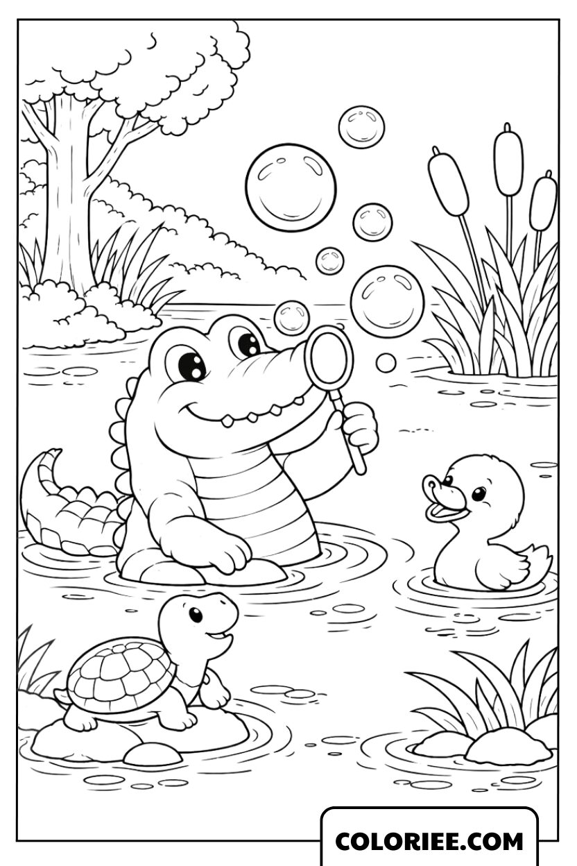 Coloriage crocodile qui joue dans l’eau