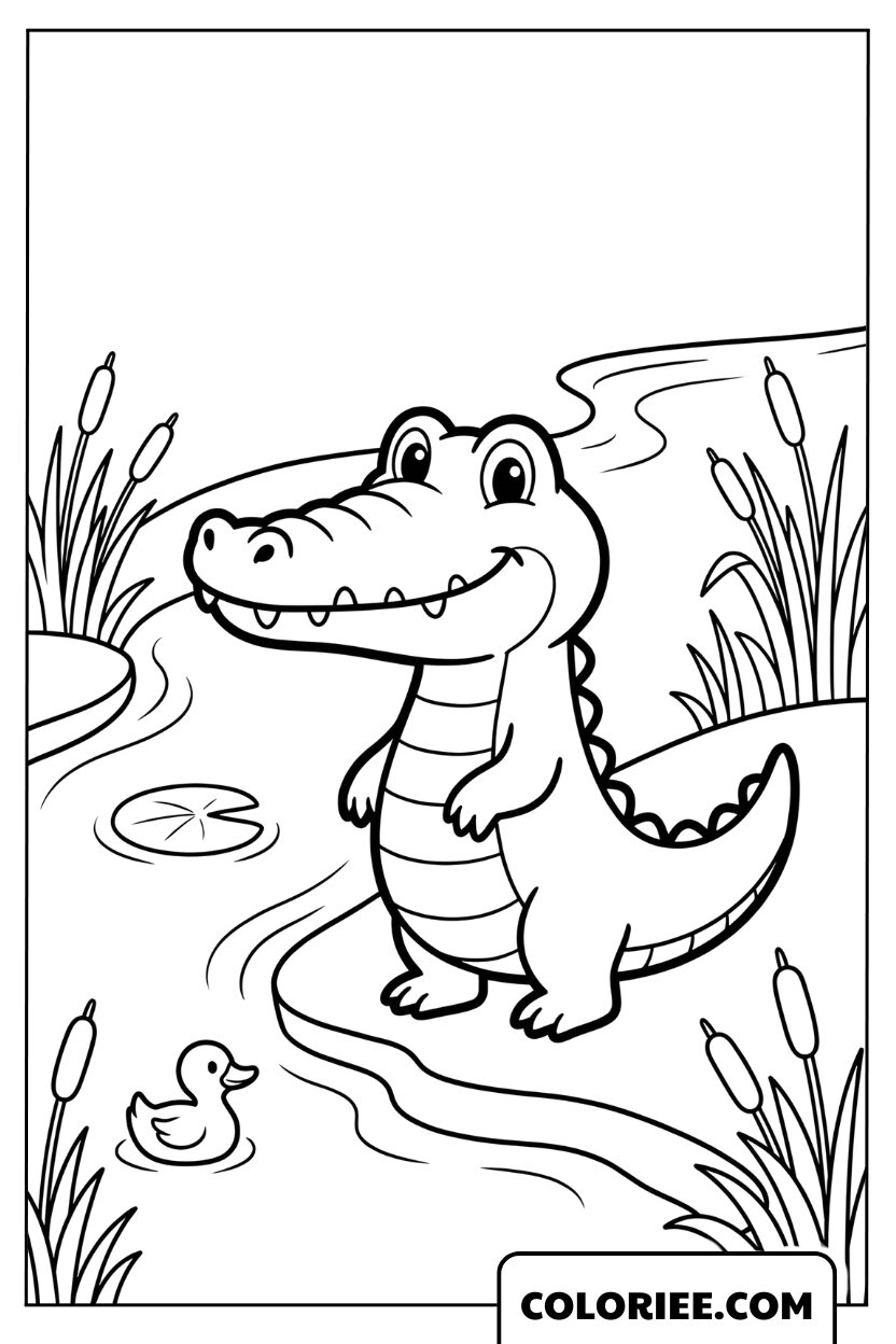 Coloriage crocodile se promenant au bord de la rivière