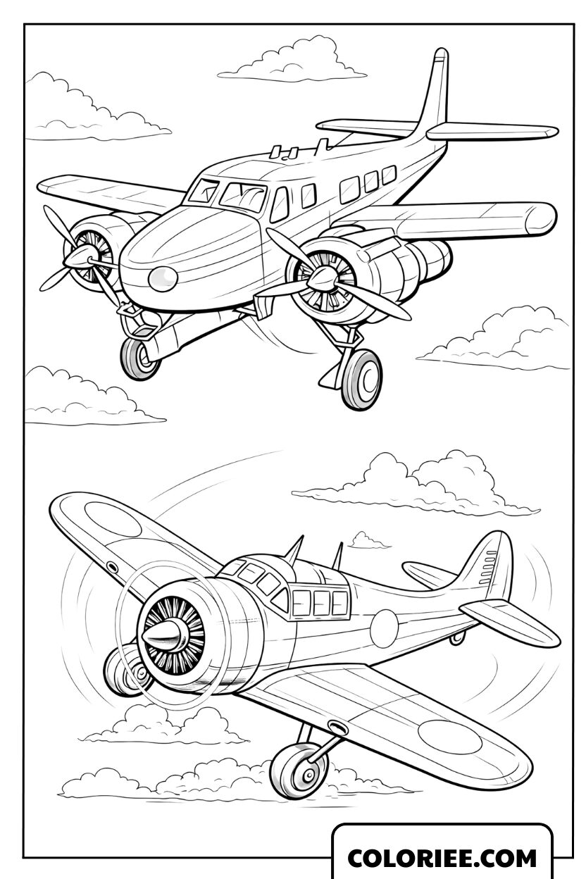 Coloriage d'avions classiques à hélices dans le ciel