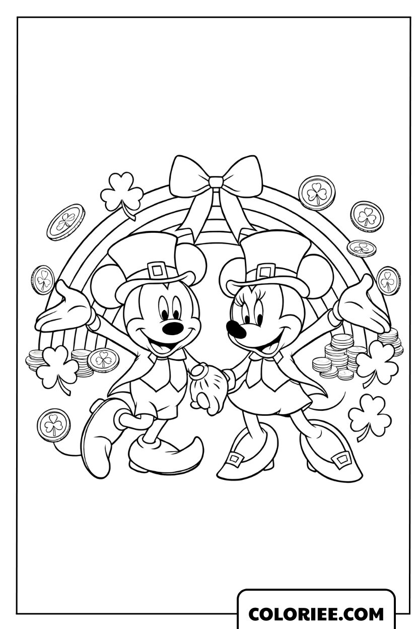 Coloriage de Mickey et Minnie dansant pour la Saint-Patrick