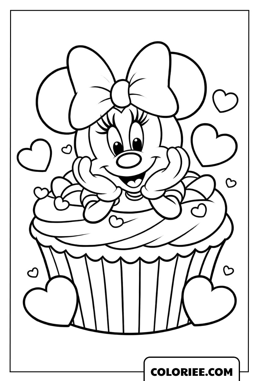 Coloriage de Minnie Mouse assise sur un cupcake géant