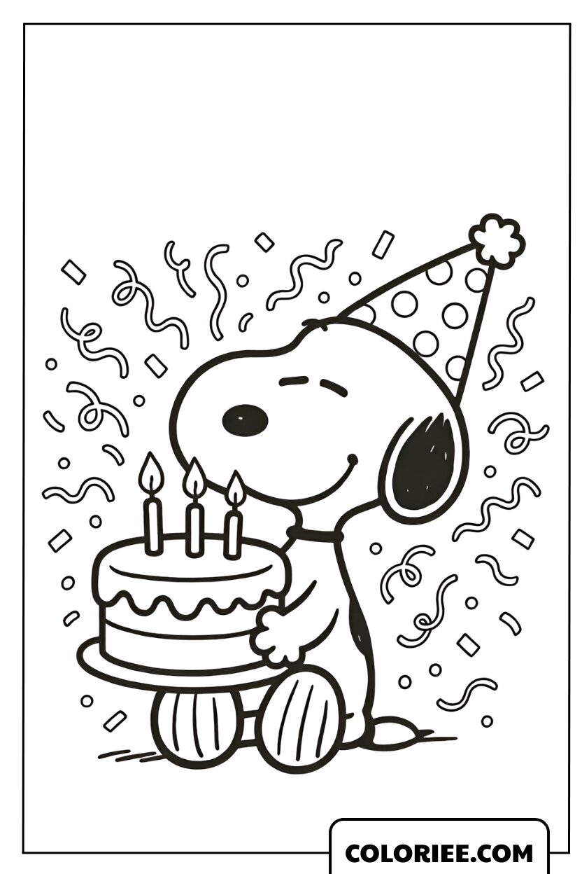Coloriage de Snoopy heureux tenant un gâteau d'anniversaire à trois bougies