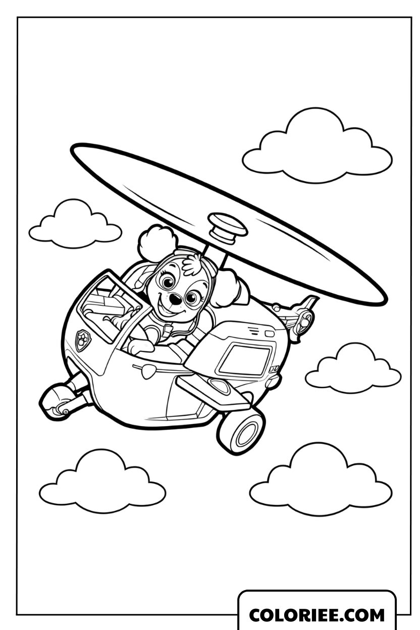Coloriage de Stella pilotant son hélicoptère parmi les nuages