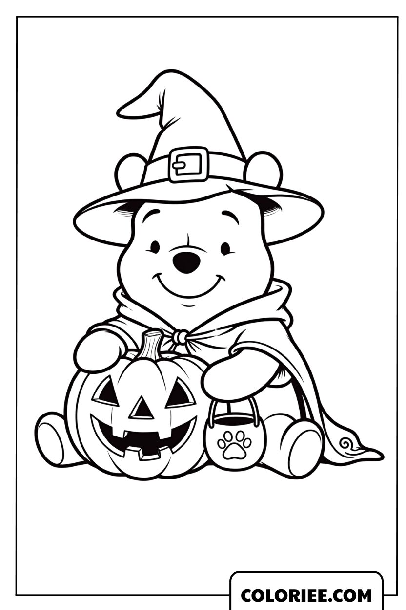 Coloriage de Winnie l'Ourson en costume de sorcier avec sa citrouille