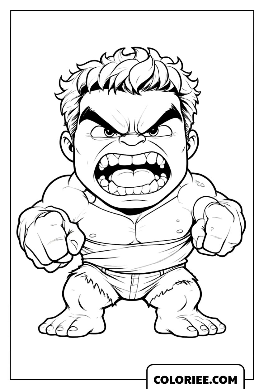 Coloriage de bébé Hulk en version Chibi mignon mais furieux