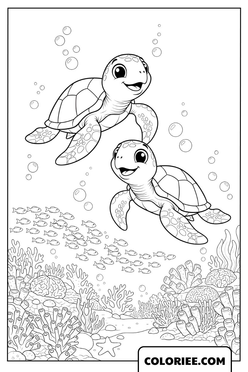 Coloriage de deux petites tortues explorant l’océan