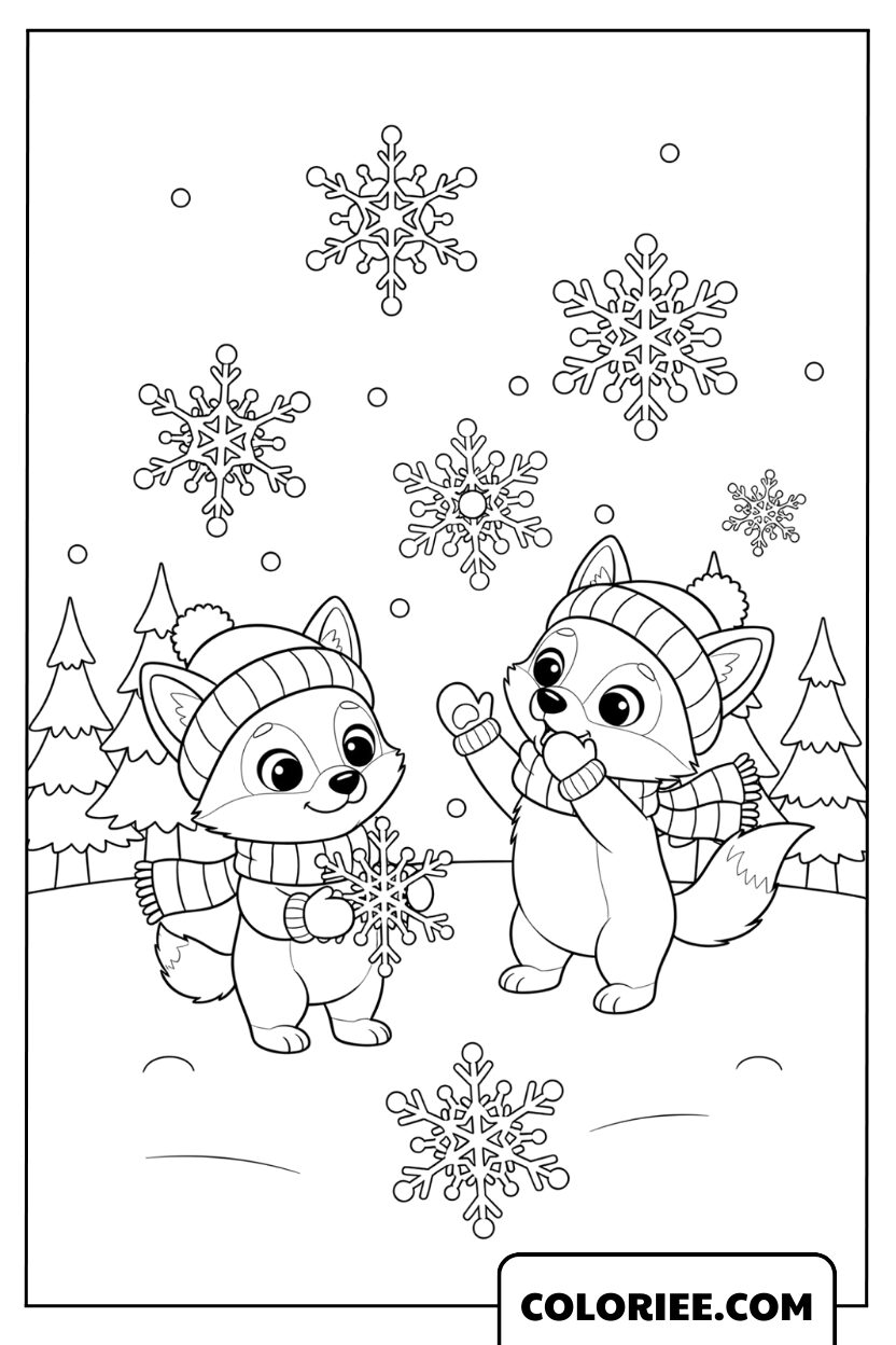 Coloriage de deux petits loups jouant en hiver