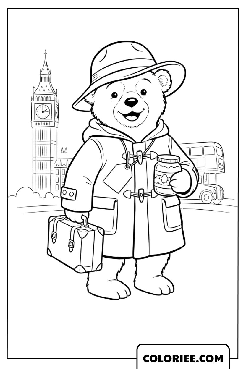 Coloriage de l’Ours Paddington en Voyage en Ville