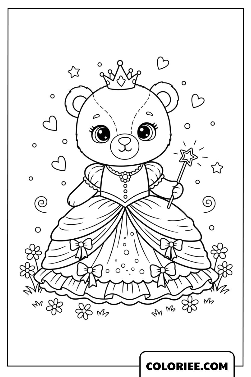 Coloriage de l’Ours Princesse en Robe de Bal
