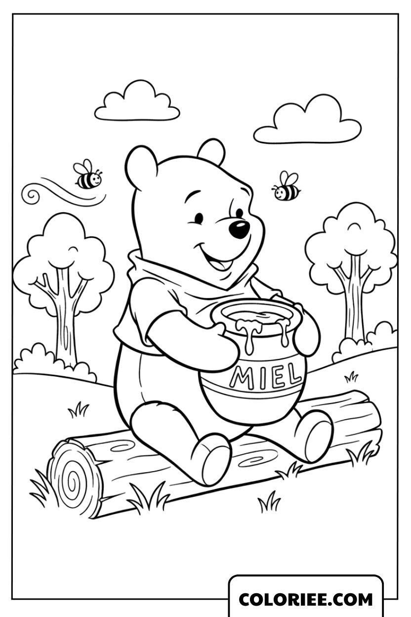 Coloriage de l’Ours Winnie avec son Pot de Miel