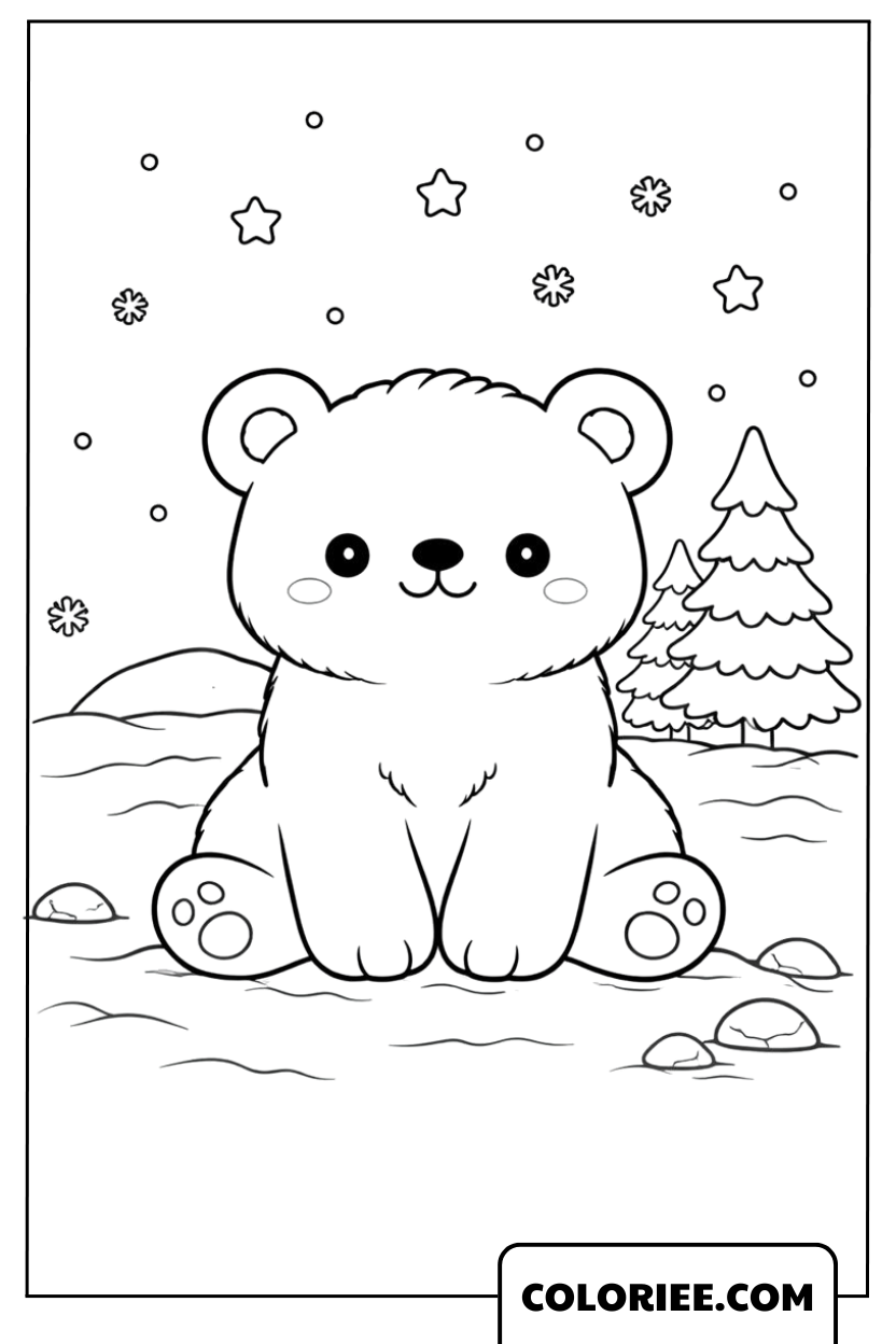 Coloriage de l’Ourson dans le Paysage d’Hiver