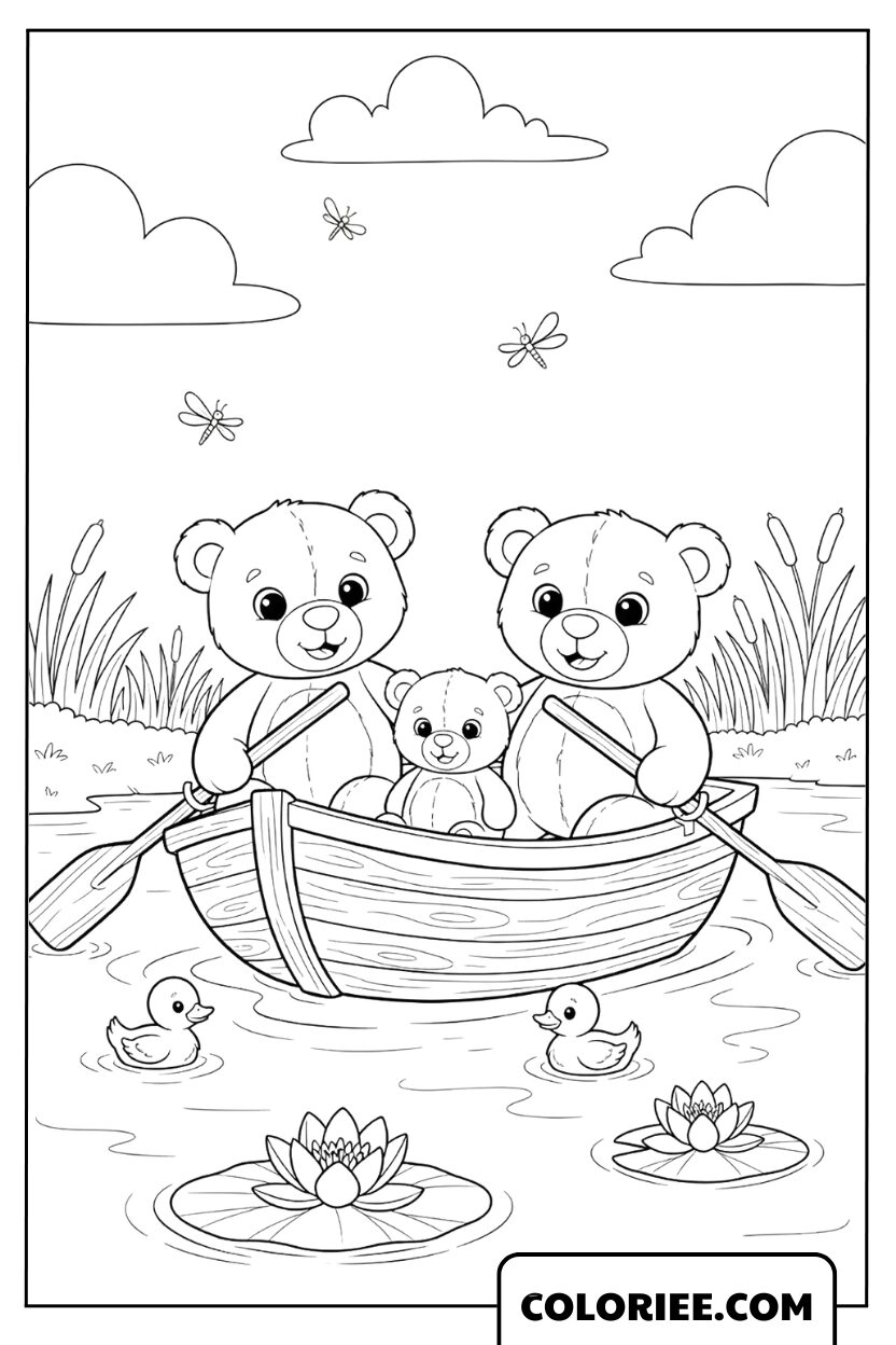 Coloriage de la Famille d’Ours dans la Petite Barque