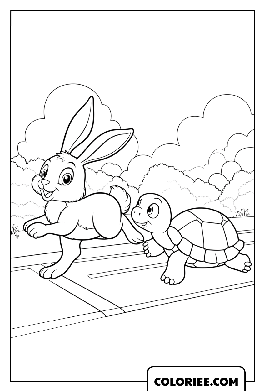 Coloriage de la course amusante entre la tortue et le lièvre