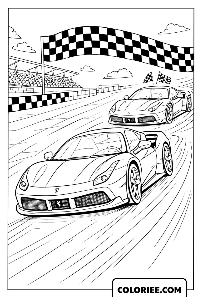 Coloriage de supercars Ferrari accélérant sur la piste