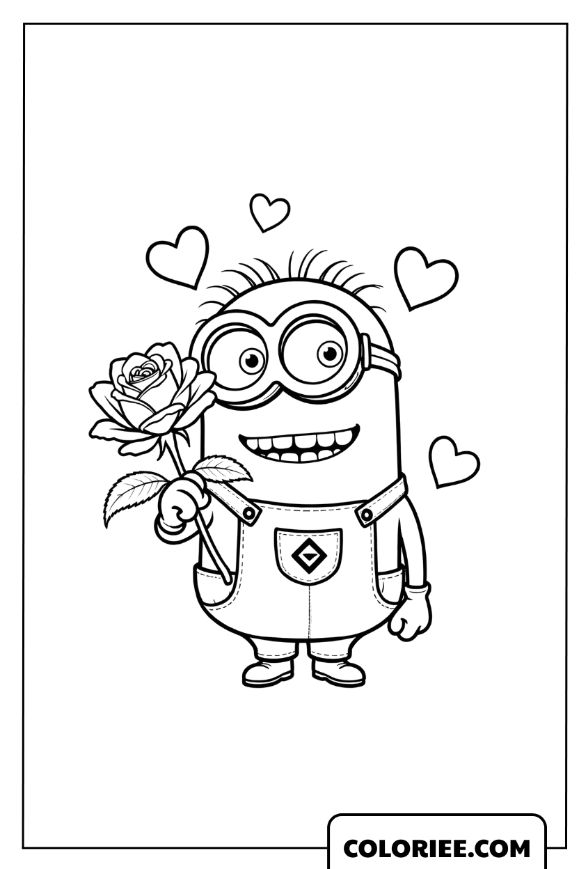 Coloriage d'un adorable Minion cyclope offrant une rose