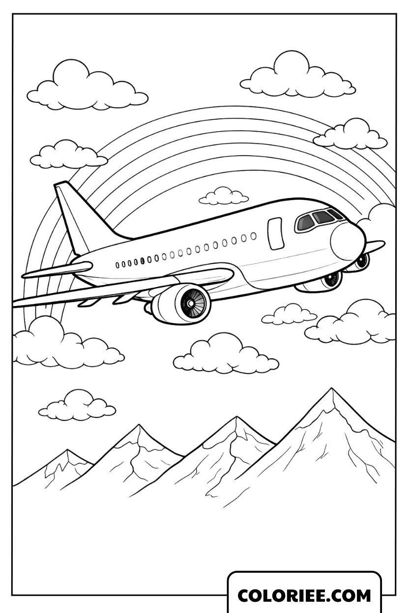 Coloriage d’un avion volant sous un arc-en-ciel