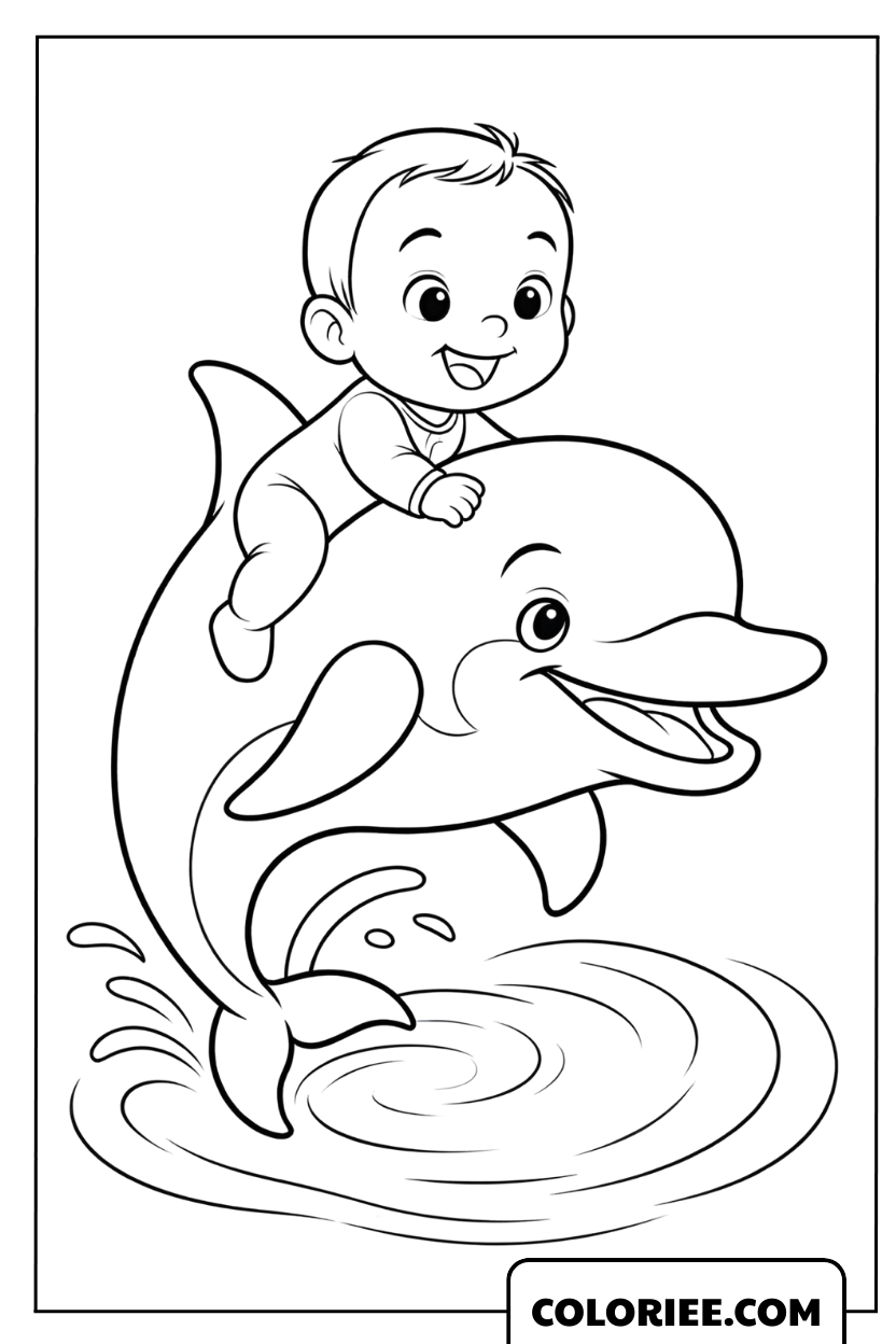 Coloriage d'un bébé joyeux chevauchant un dauphin intelligent