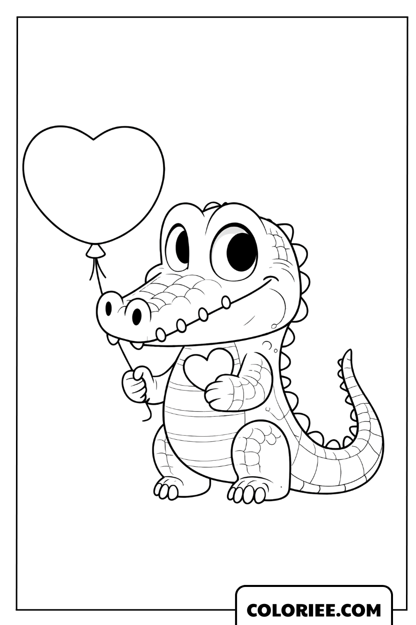Coloriage d'un petit crocodile tenant un ballon en forme de cœur