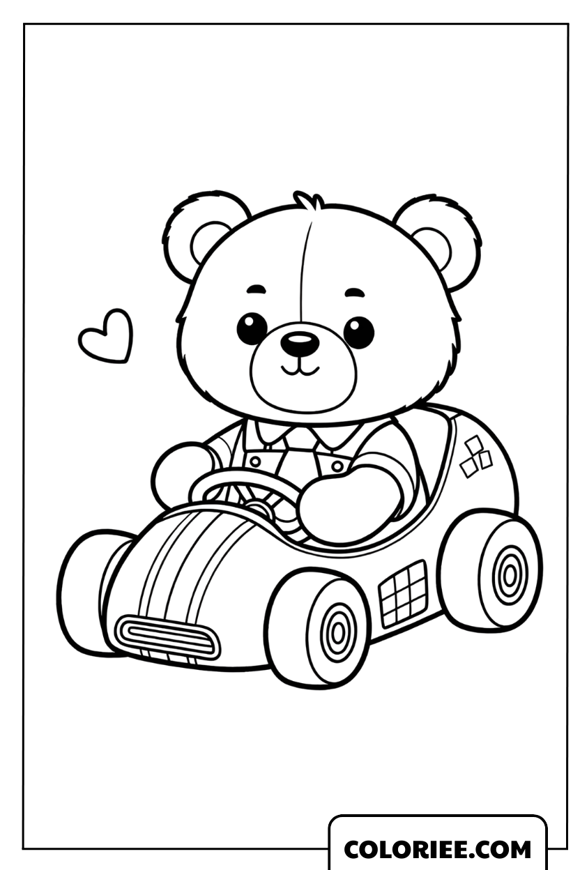 Coloriage d'un petit ours mignon conduisant une voiture de course