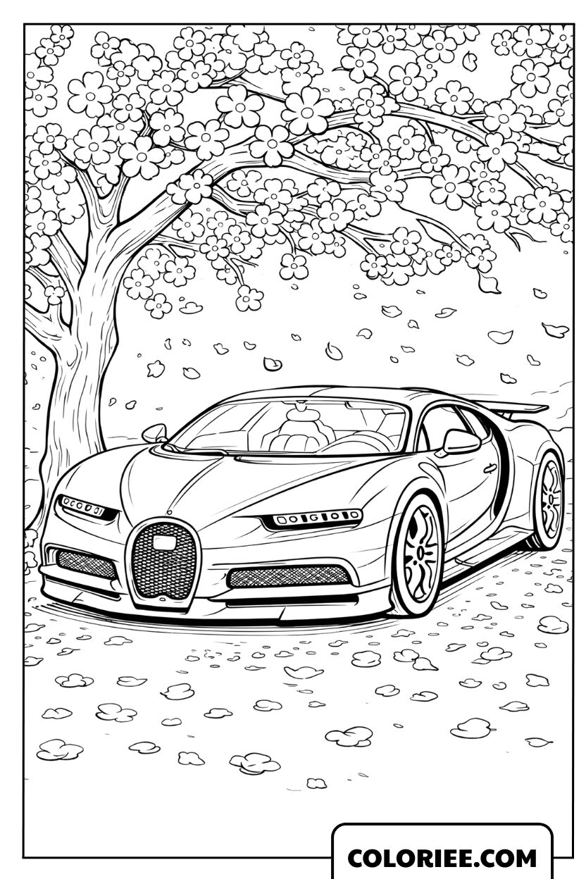 Coloriage d'une Bugatti luxueuse sous un arbre en fleurs au printemps