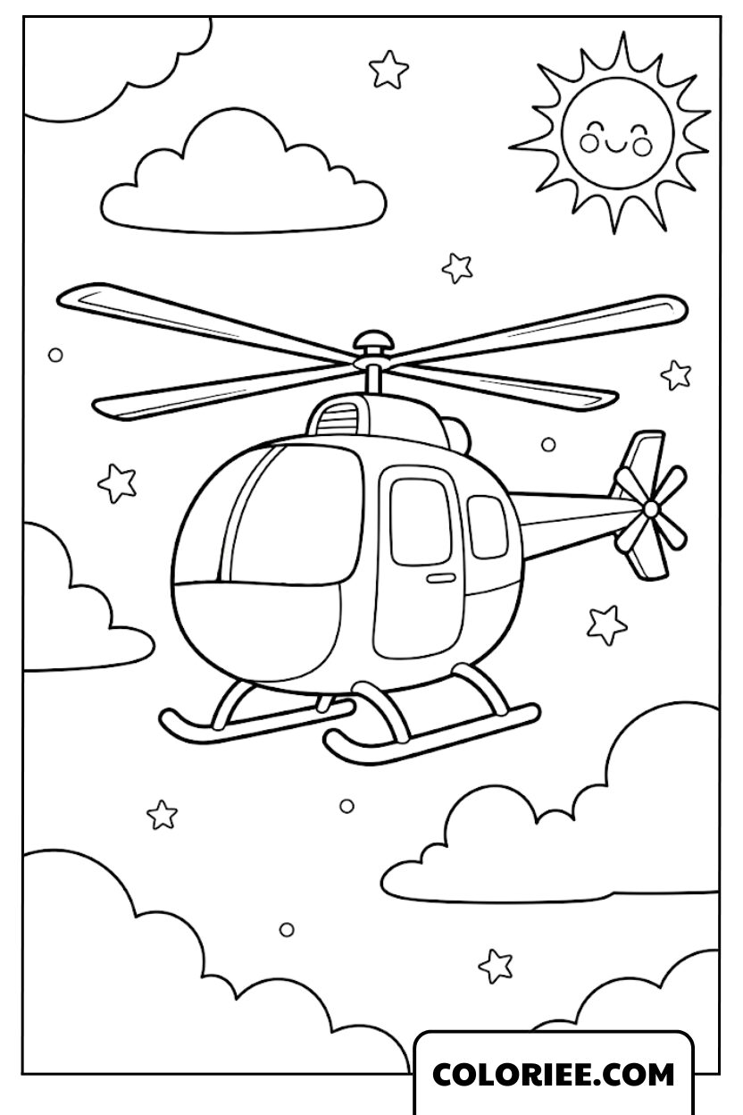 Coloriage hélicoptère volant dans le ciel