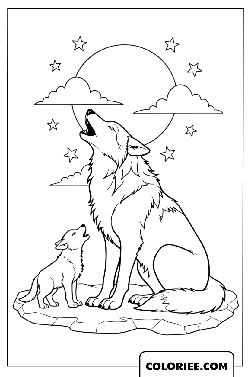 Coloriage loup et son petit sous le ciel étoilé