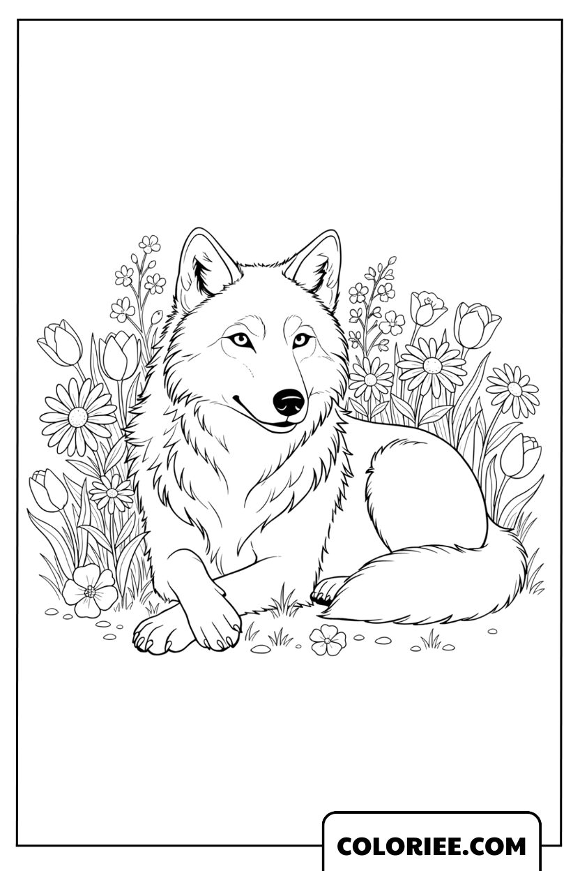Coloriage loup paisible au cœur de la forêt fleurie