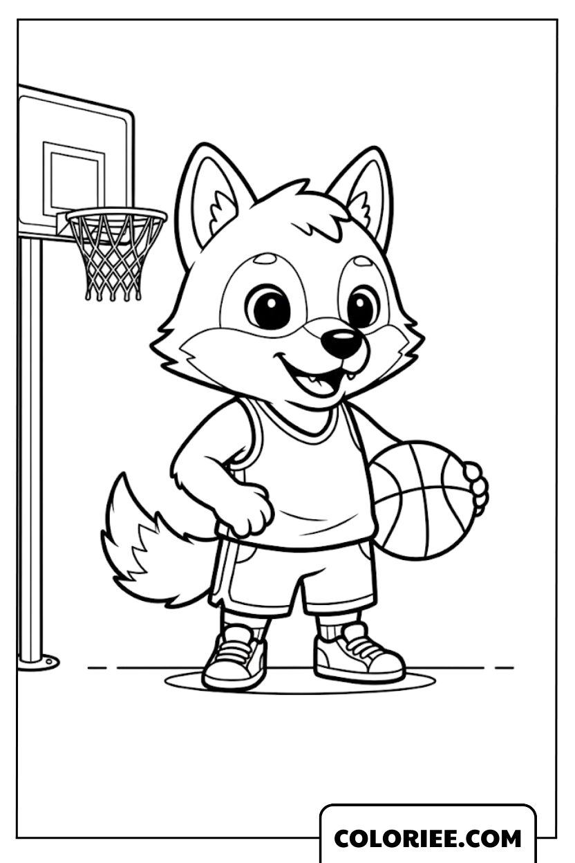 Coloriage loup sportif jouant au basketball