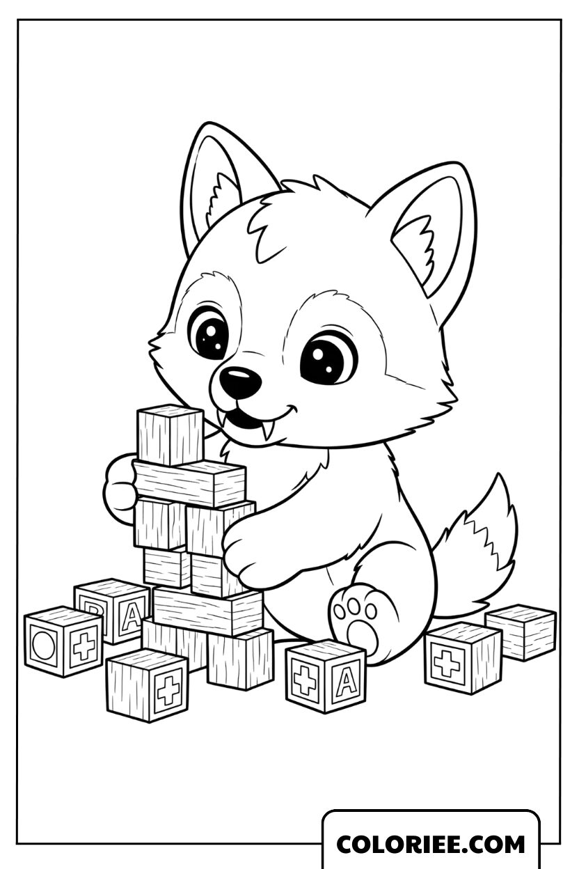 Coloriage petit loup construisant avec des blocs