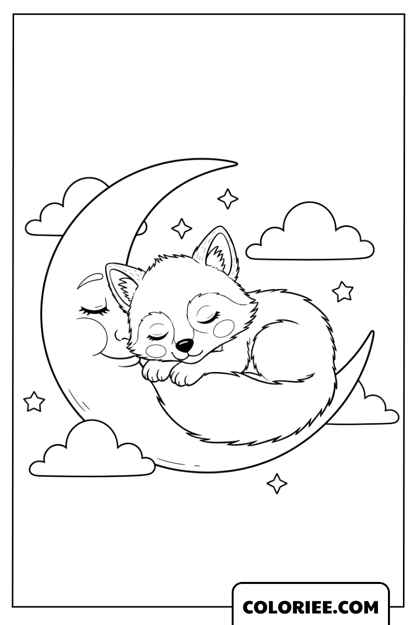 Coloriage petit loup endormi sur la lune rêveuse