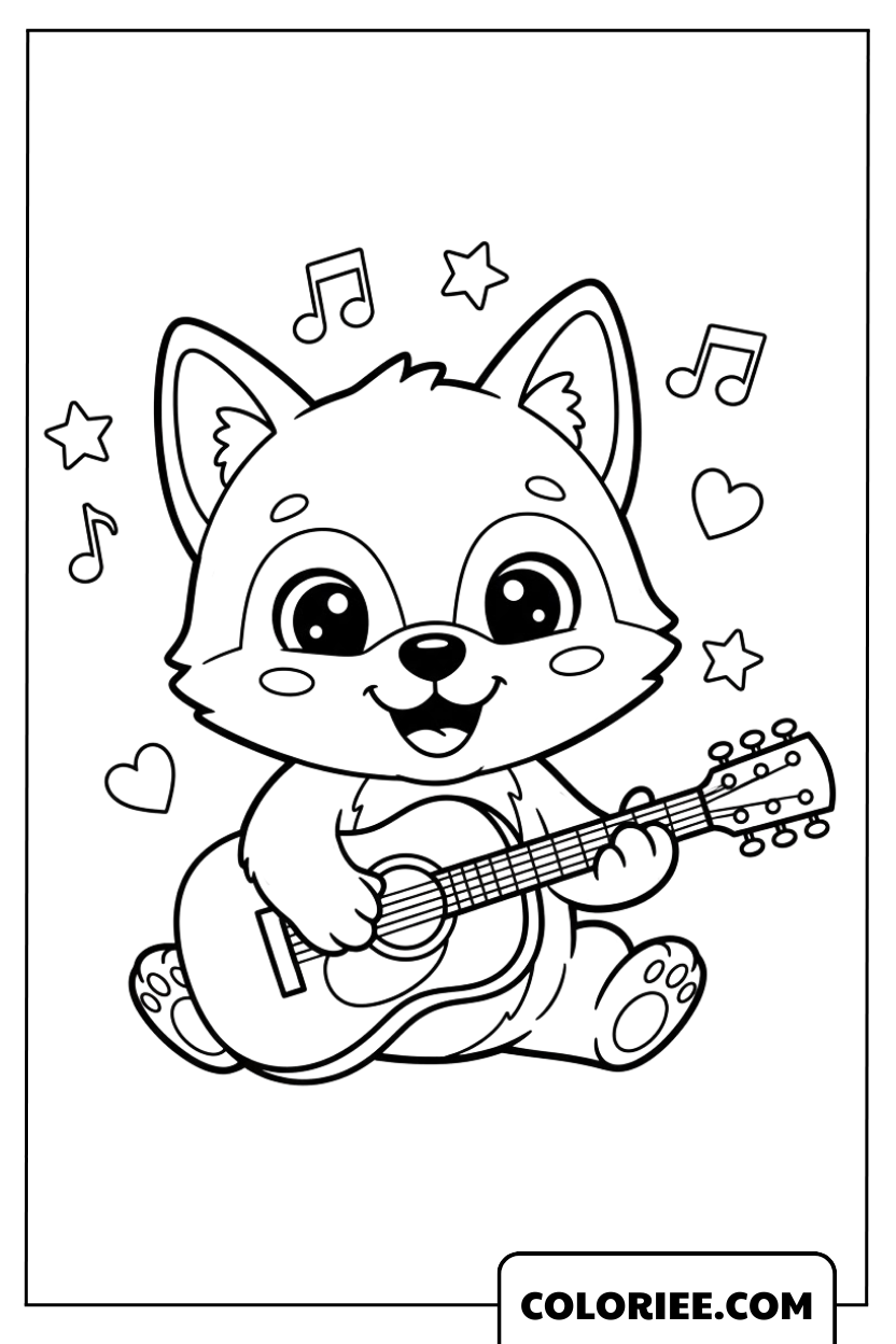 Coloriage petit loup musicien joyeux