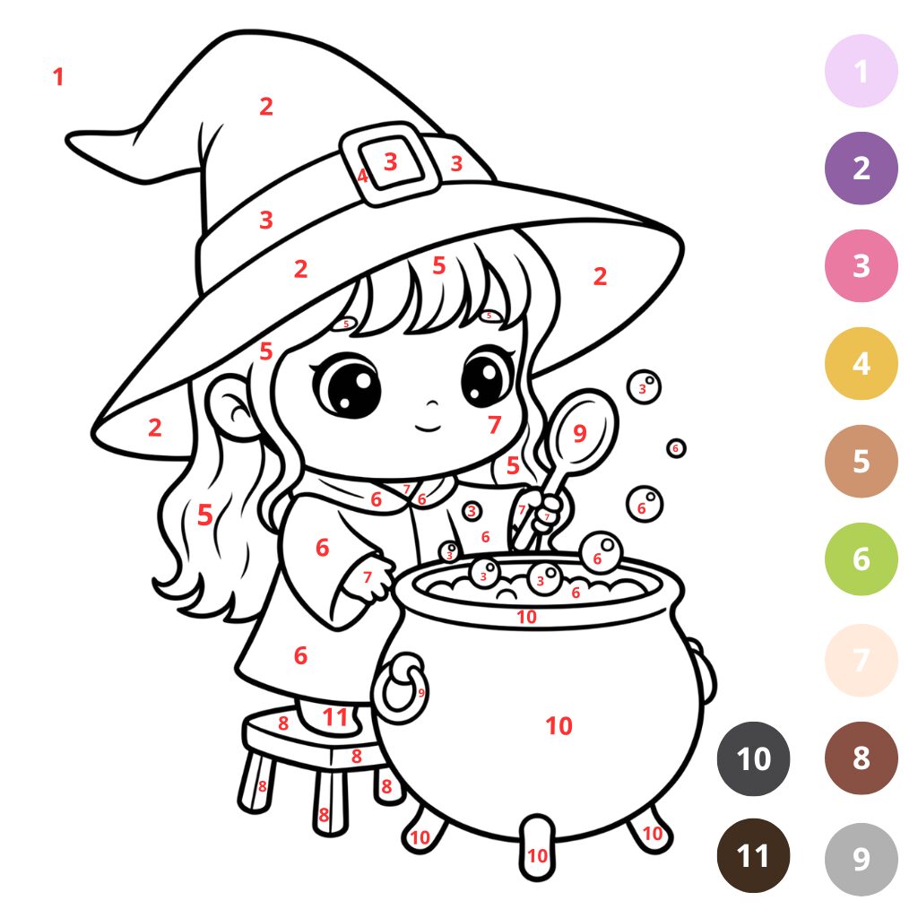 Coloriage sorcière mignonne par numéros (2)