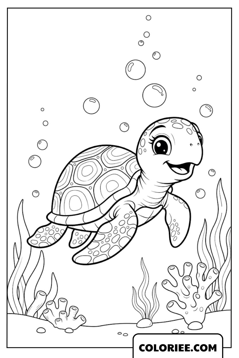 Coloriage tortue marine sous l'eau