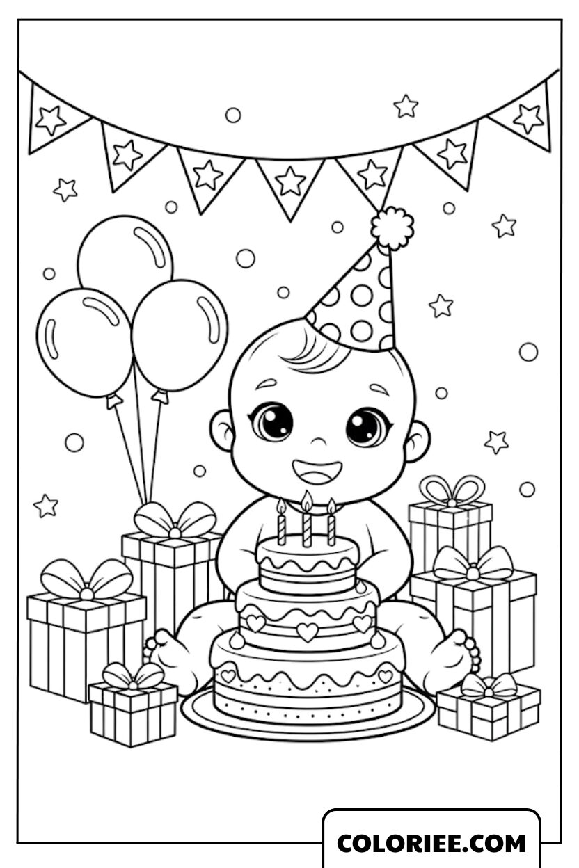 Dessin Bébé Fêtant son Anniversaire