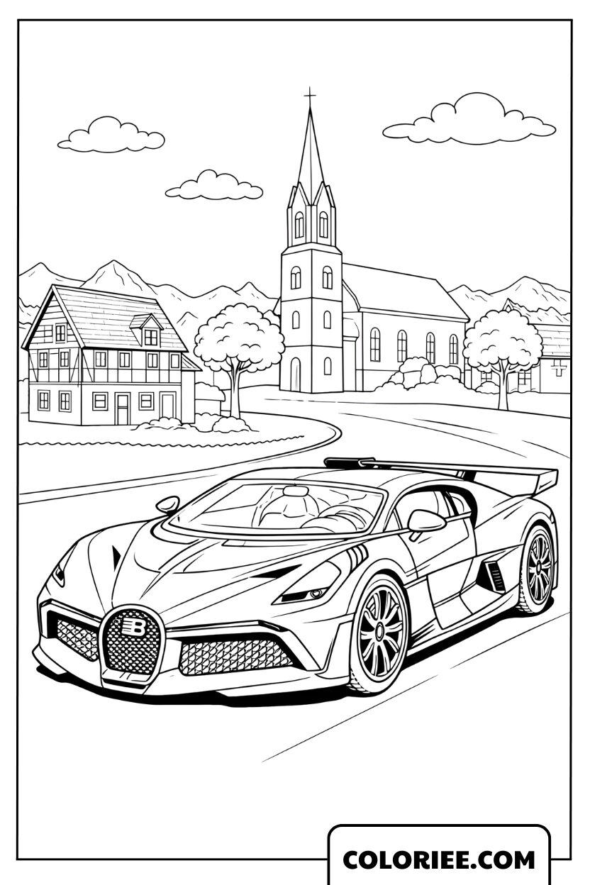 Dessin Bugatti courant dans un village ancien