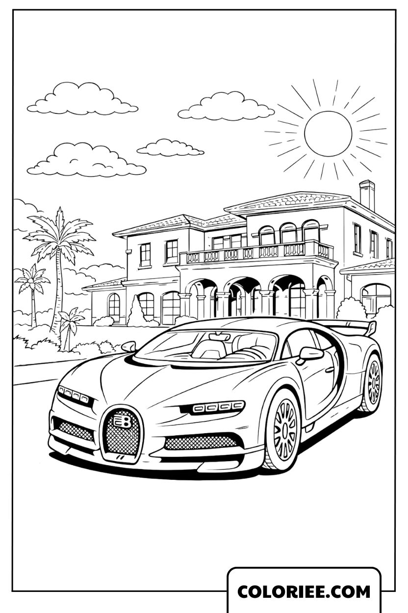 Dessin Bugatti devant une villa ensoleillée