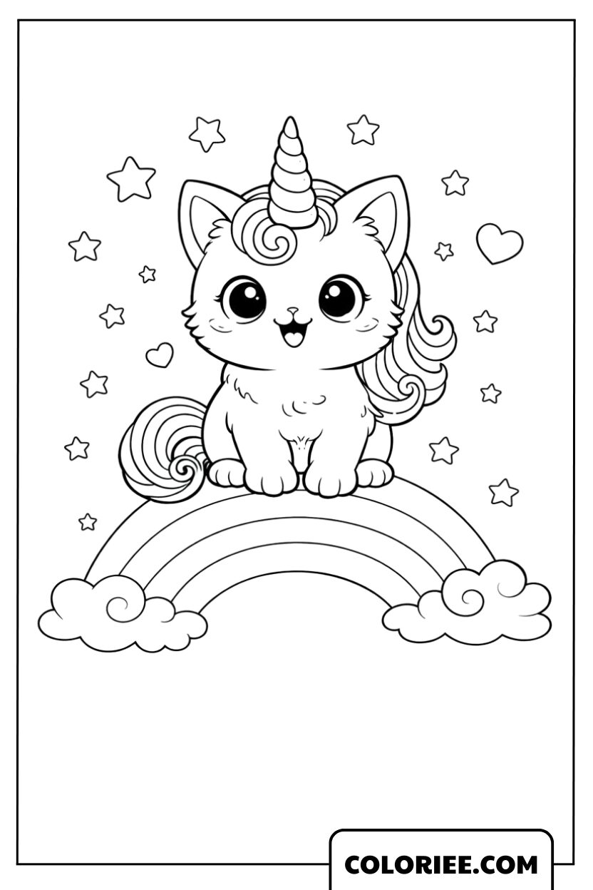 Dessin Chat Licorne Assis sur l’Arc-en-Ciel