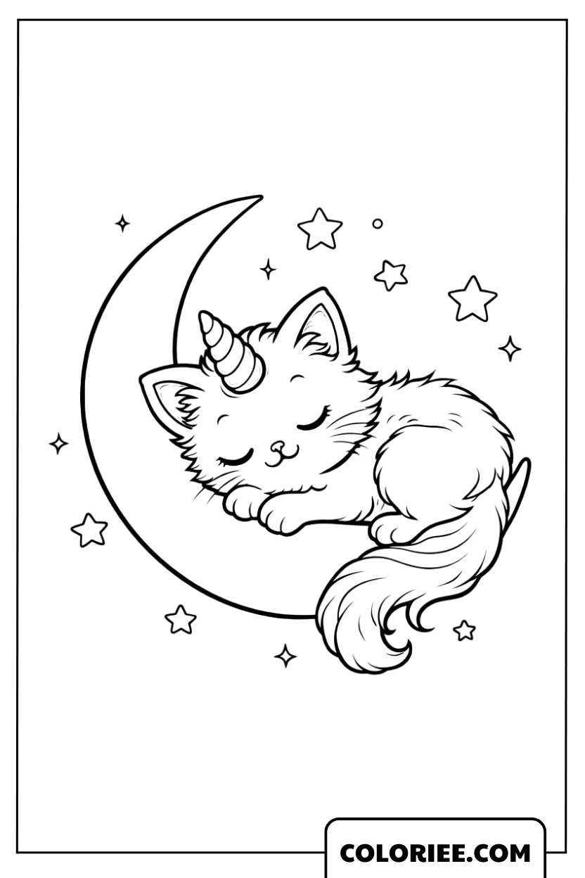 Dessin Chat Licorne Dormant sur la Lune Croissante