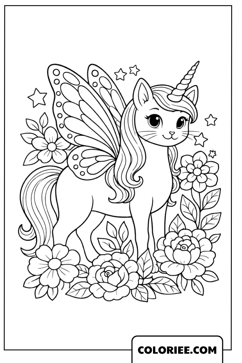 Dessin Chat Licorne Féérique aux Ailes de Fleurs