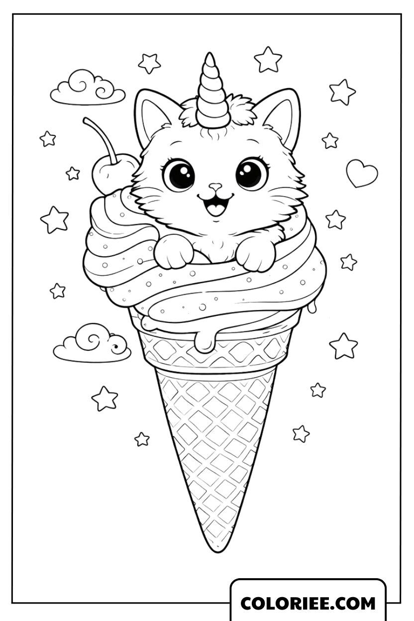 Dessin Chat Licorne Glace Arc-en-Ciel