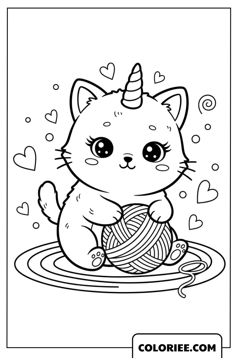 Dessin Chat Licorne Jouant avec une Pelote de Laine
