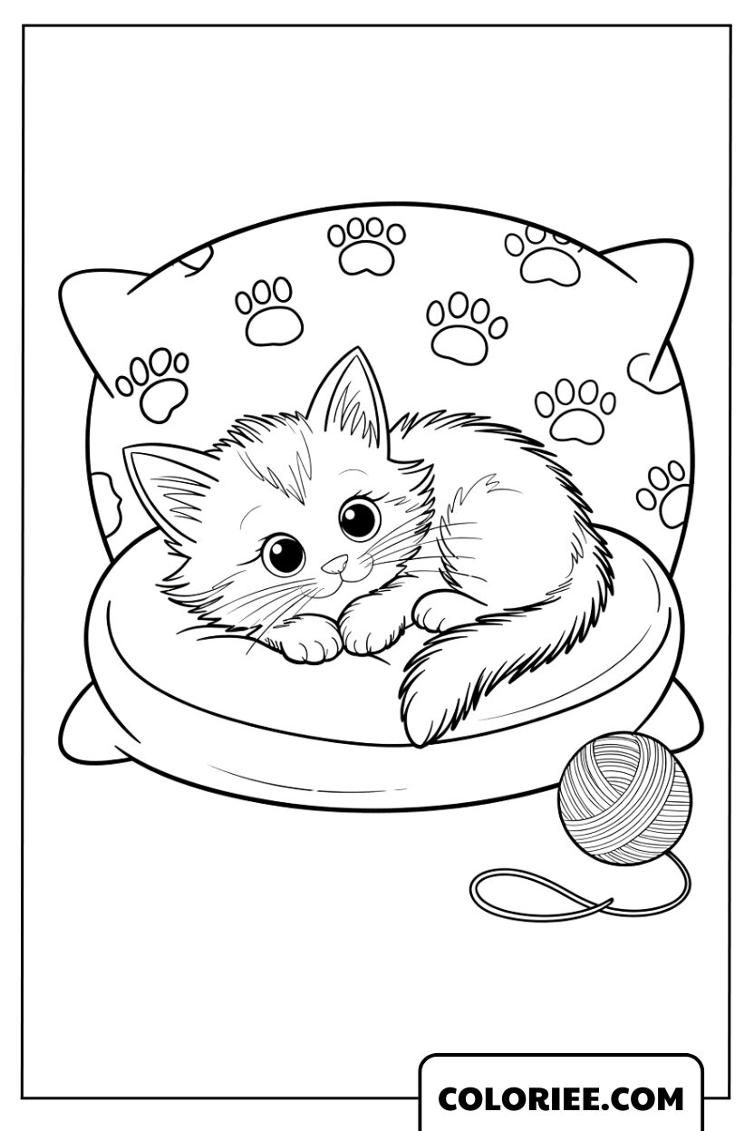Dessin Chaton Dormant Paisiblement sur un Coussin