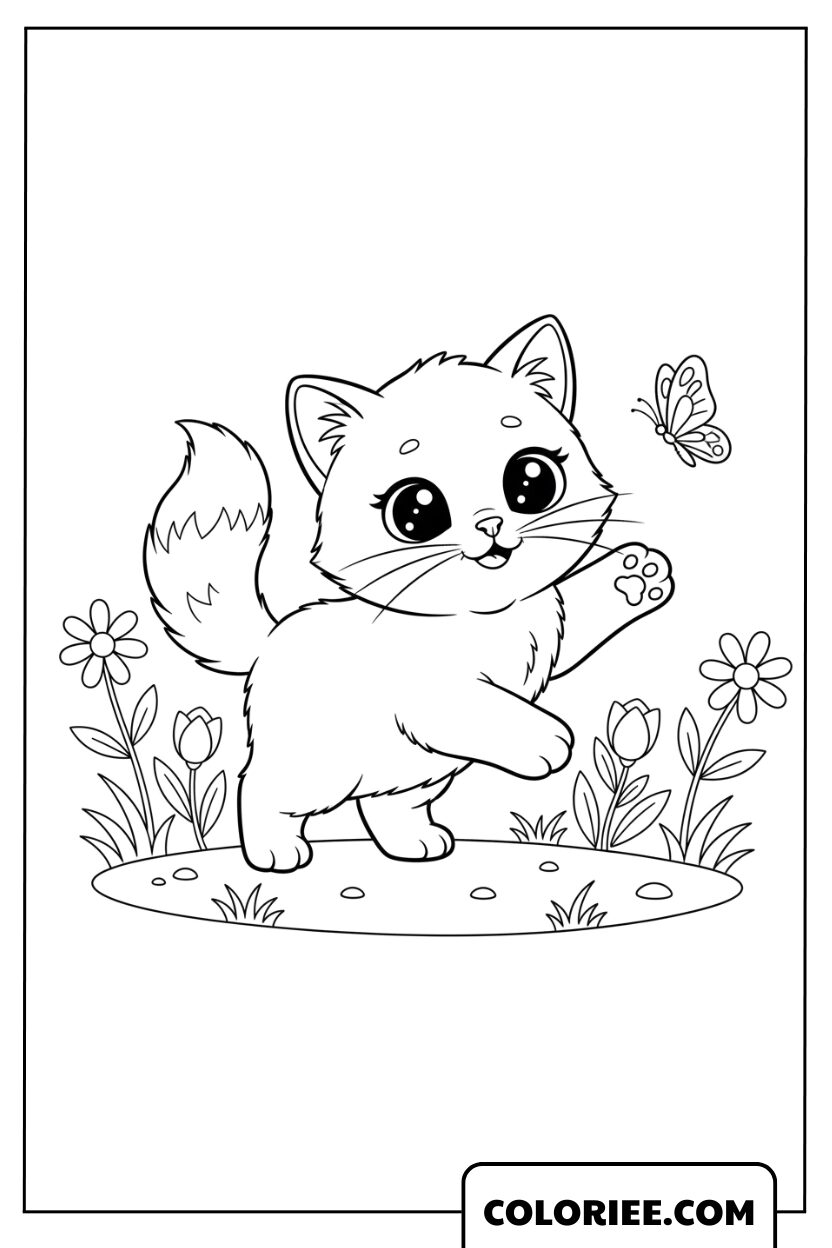 Dessin Chaton Jouant dans le Jardin Fleuri