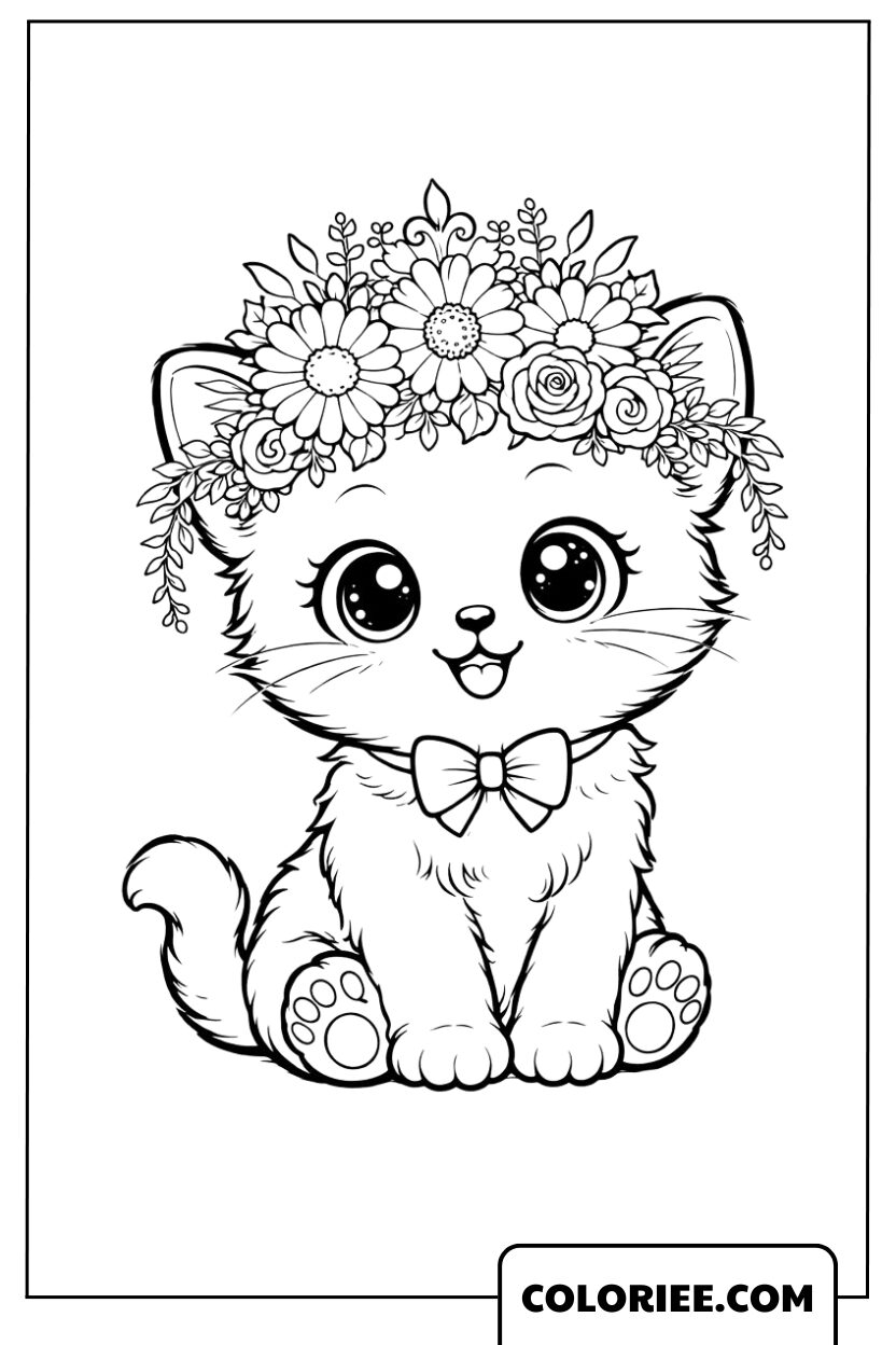Dessin Chaton avec une Couronne de Fleurs
