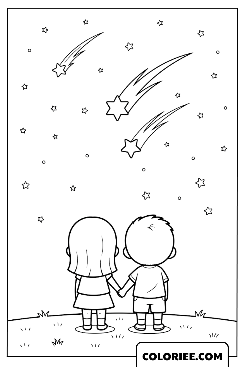 Dessin Duo admirant une pluie d’étoiles filantes