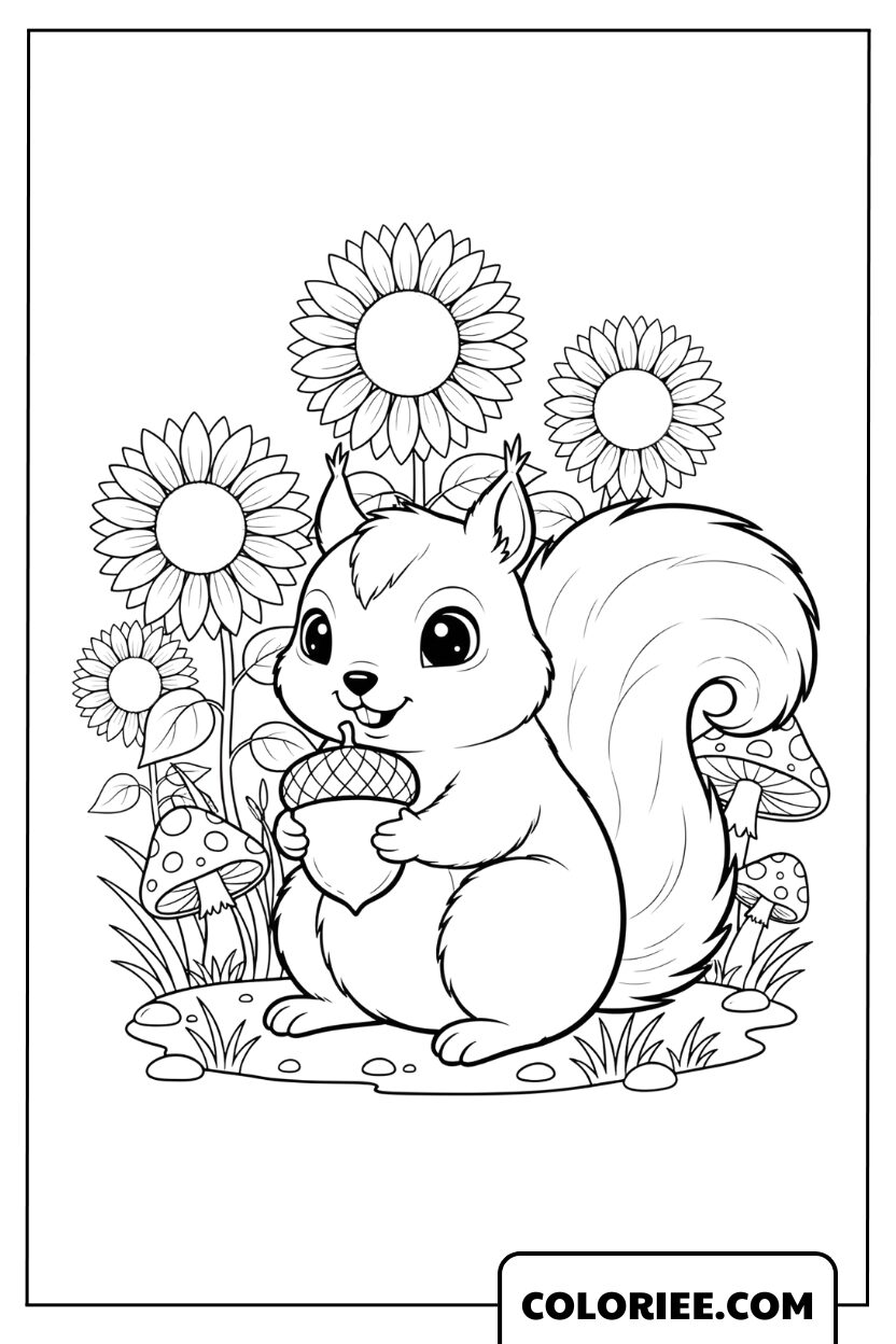 Dessin Écureuil avec des tournesols et un gland délicieux