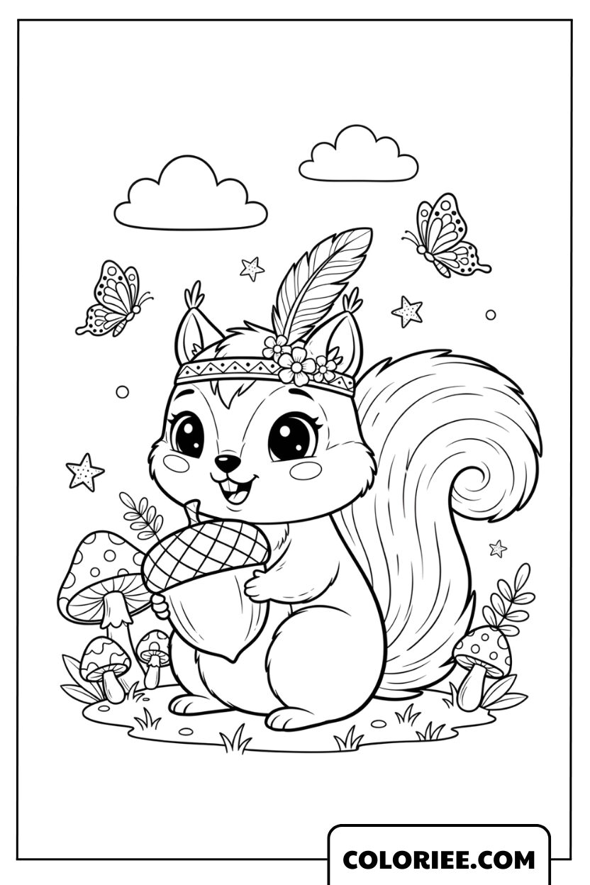 Dessin Écureuil avec une coiffe à plumes dans une forêt féerique