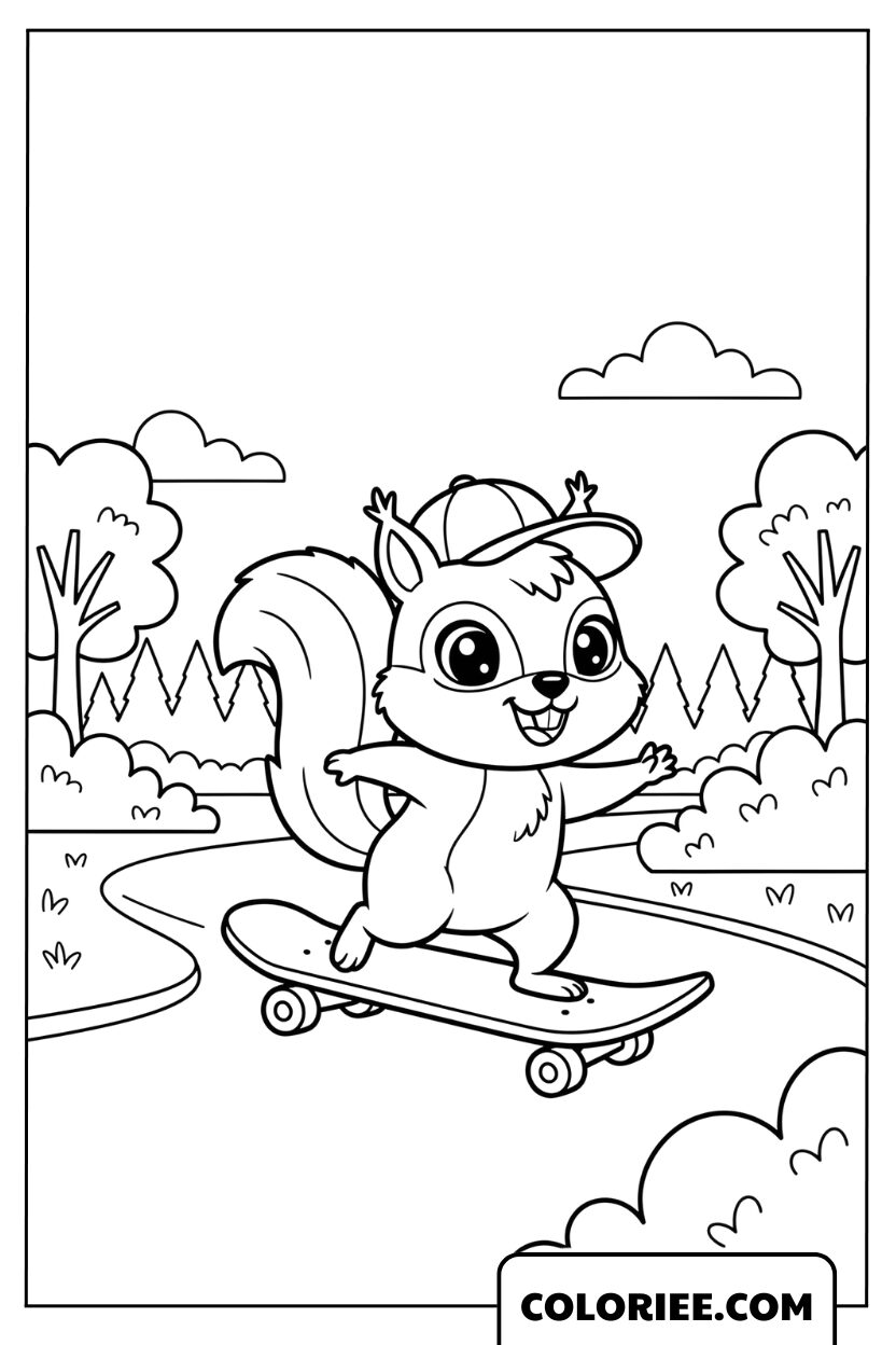 Dessin Écureuil en skateboard dans le parc